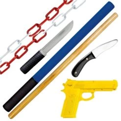 6er Waffen Set "JJ" Ju Jutsu Krav Maga Schlagstock, Messer, Gummipistole, Kette