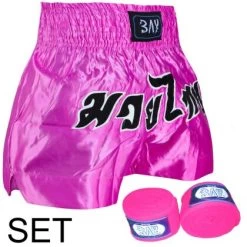 SET Angebot Remy Thaiboxhose + Boxbandagen Pink Rosa