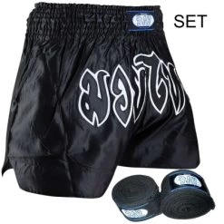 SET Angebot Remy Thaiboxhose + Boxbandagen Schwarz Weiss